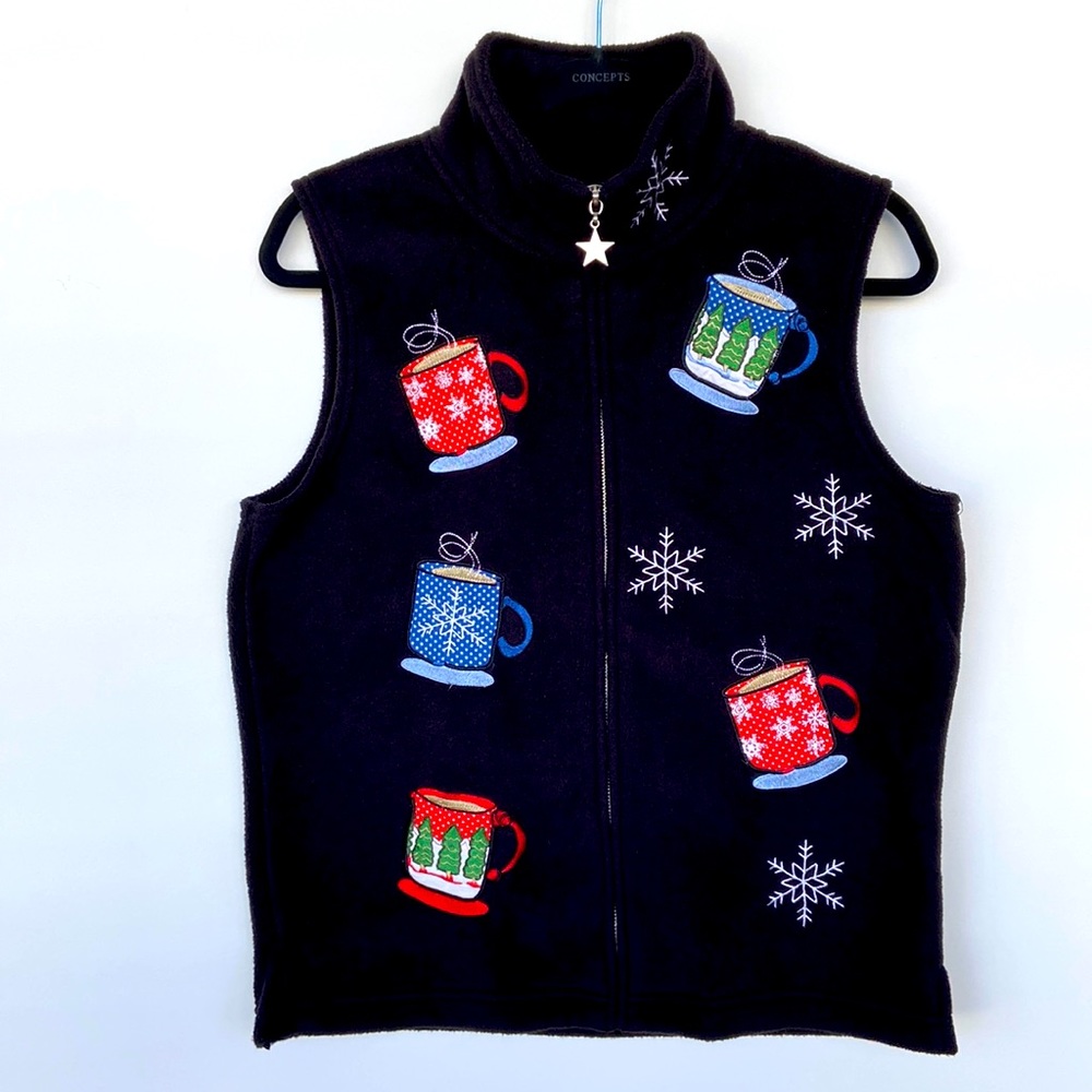 Denver Hayes Christmas Fleece Vest with Embroidered Appliqués